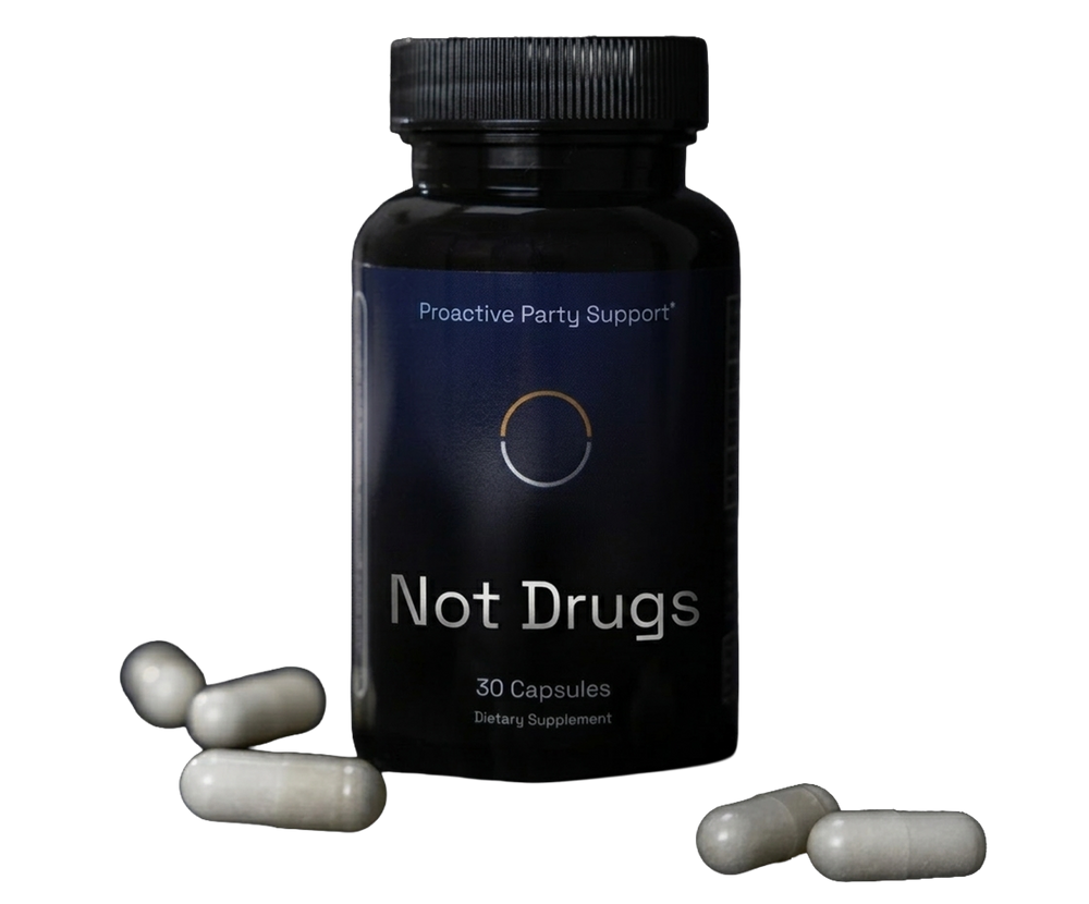Not Drugs proactive party support supplement bottle